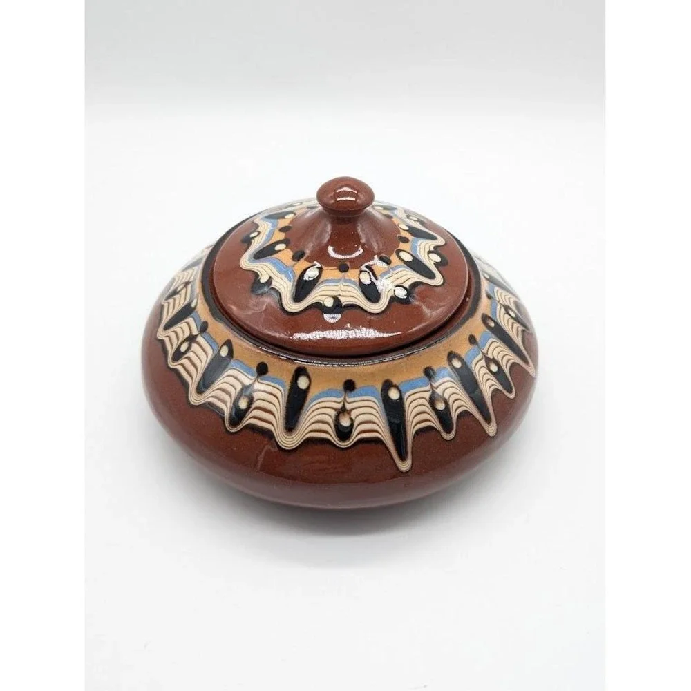 Vintage Bulgarian Troyan Pottery Lid‎ Candy Dish 90s Redware Folk Art Drip Glaze